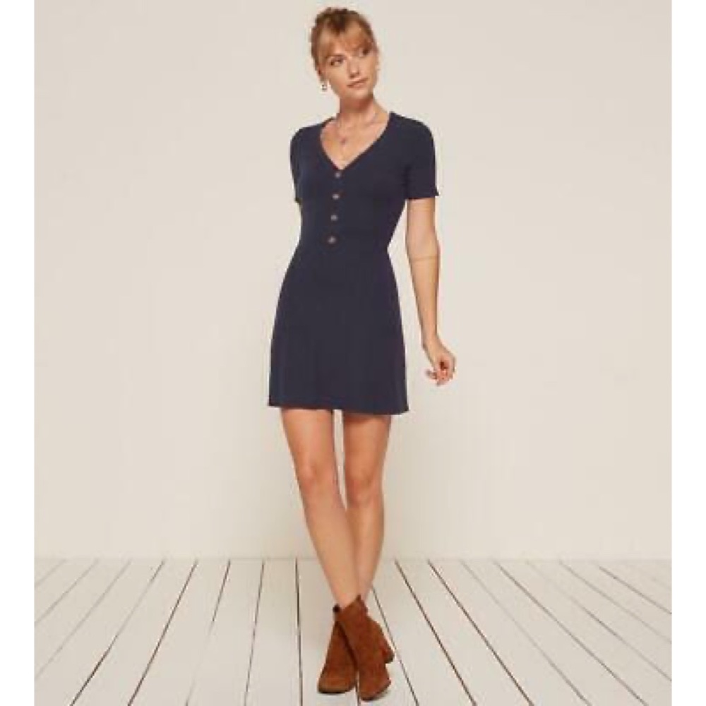 Reformation Navy Blue Ribbed Cardinal Dress